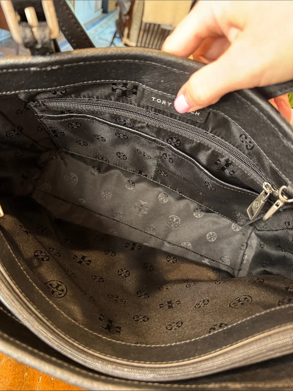 Tory Burch Gray Felt Tote with Black Trim